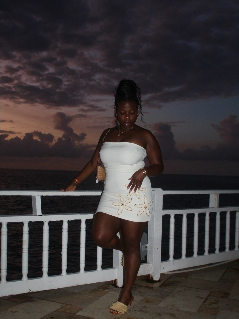 Flower Beaded Bandeau Mini Dress - Cream